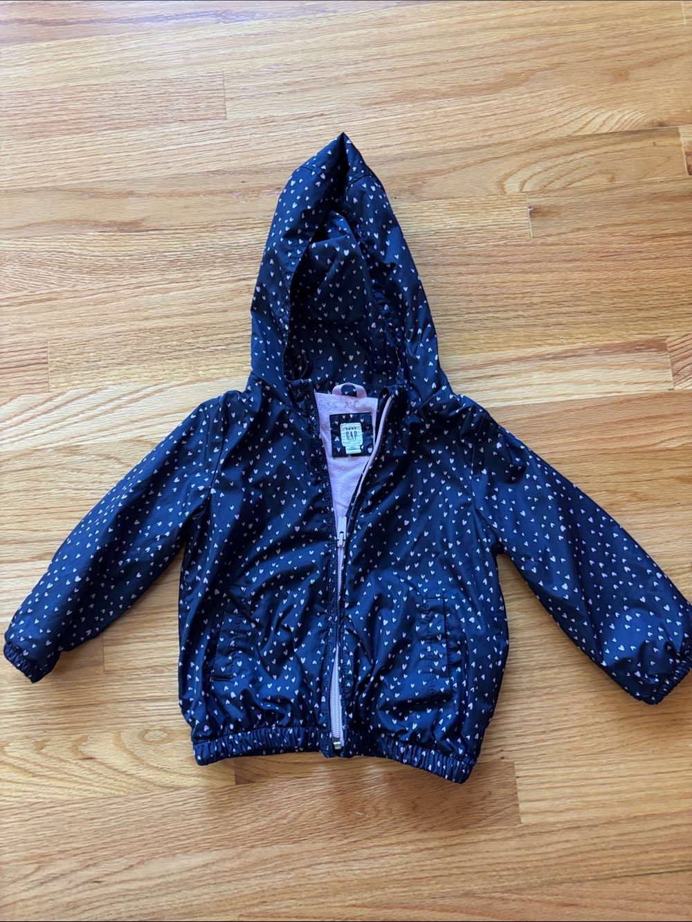 GAP Navy Hooded Raincoat with Pink Lining and White Heart Print